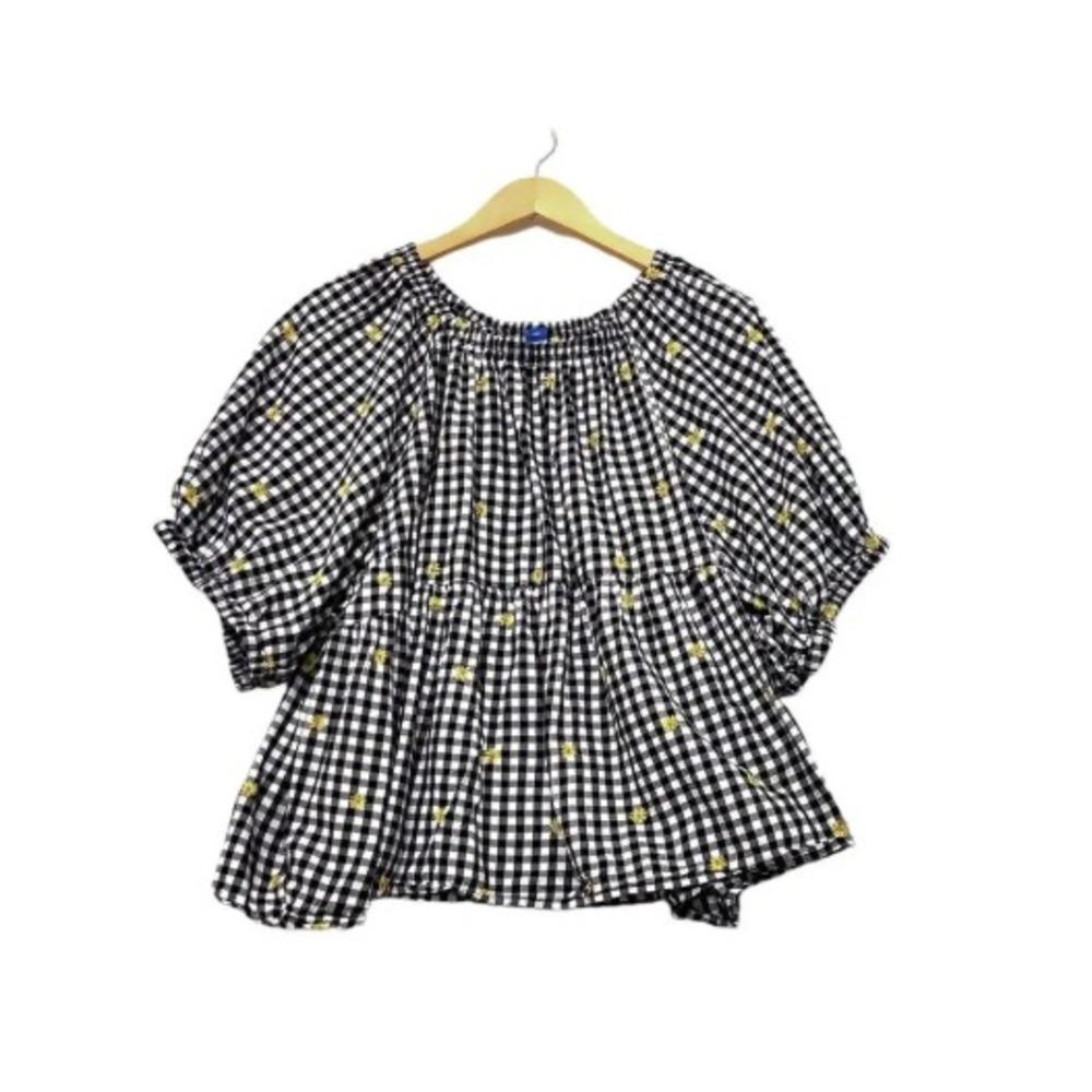 Old Navy Womens Top Babydoll Boho Daisy Embroidered Gingham Size 2X Puff Sleeve